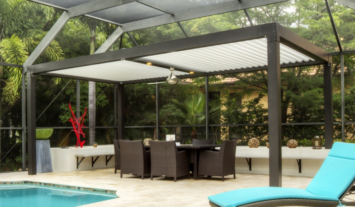 ศาลาหลังคาพับเก็บน้ำแบบปรับได้ อลูมิเนียม Pergola พร้อมบานเกล็ดปรับระดับได้