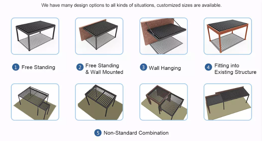 ชุดระบบหลังคา Louver กันน้ำชุดกลางแจ้ง Pergola อลูมิเนียมอิสระ